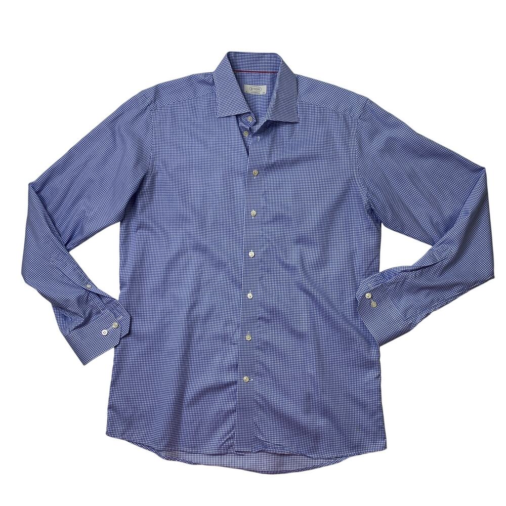 Eton Shirt Mens 16.5 Blue White Contemporary Fit Gingham Check Button Up Dress